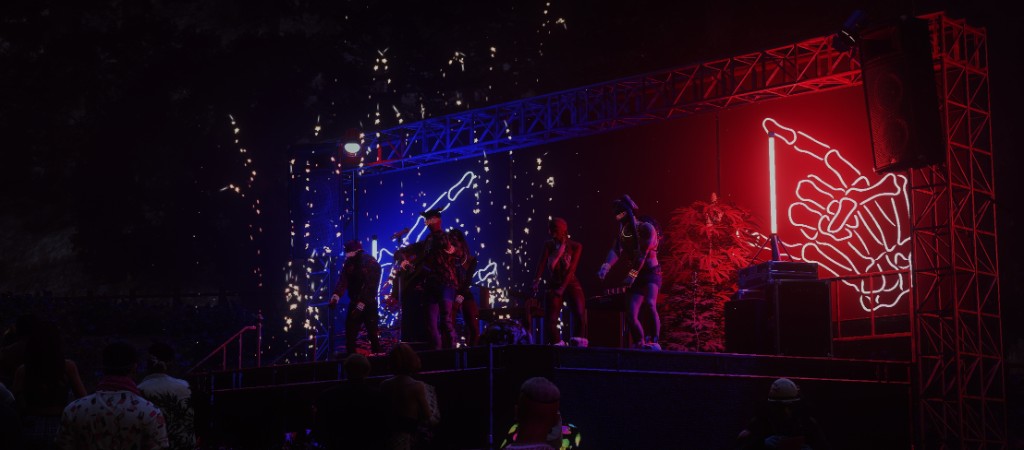 Twin stages under red and blue neon