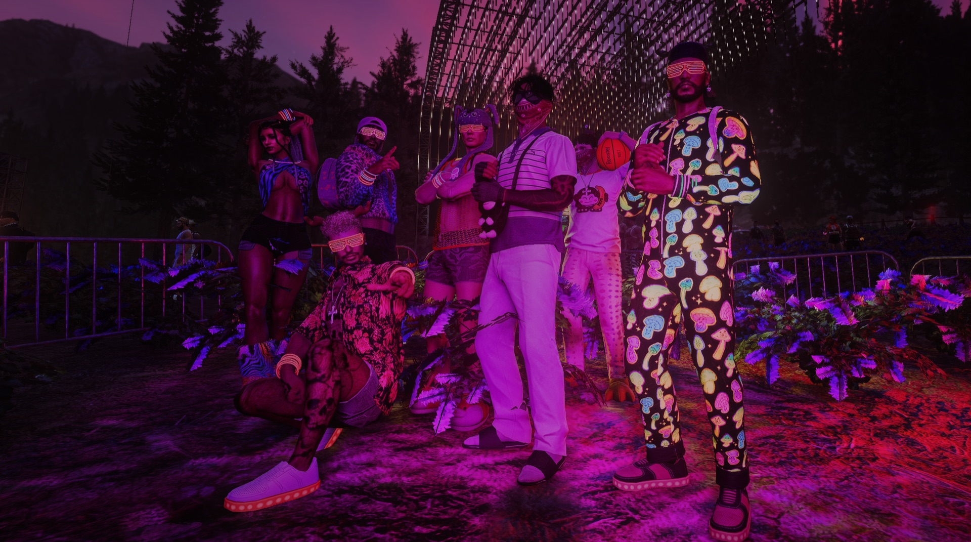 A festival crew posing in glow glasses