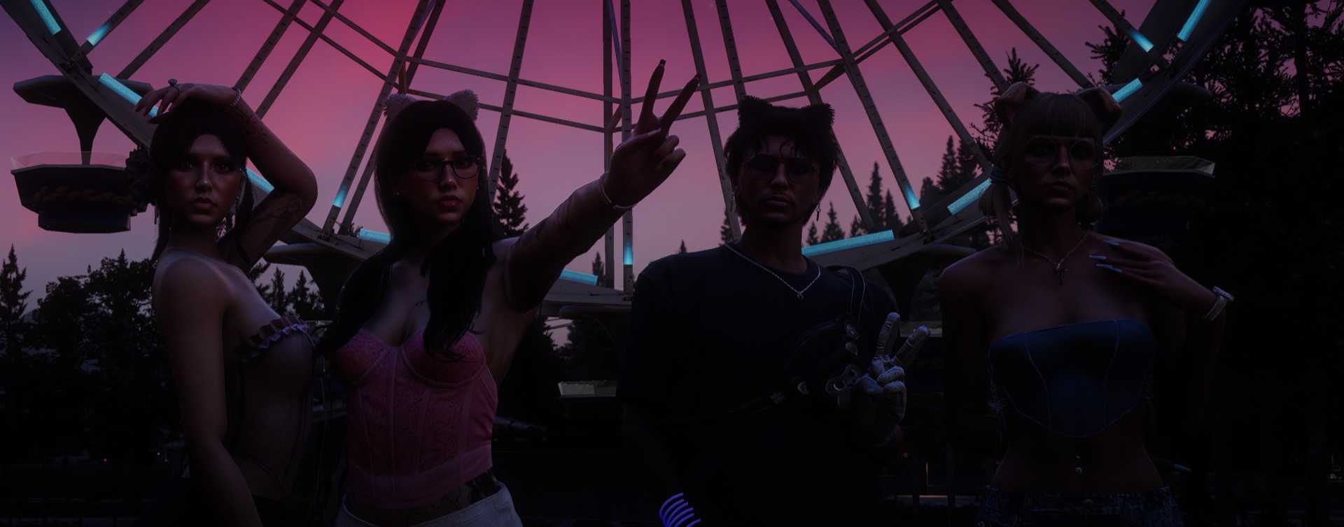 Friends posing in front of the Ferris wheel at dusk