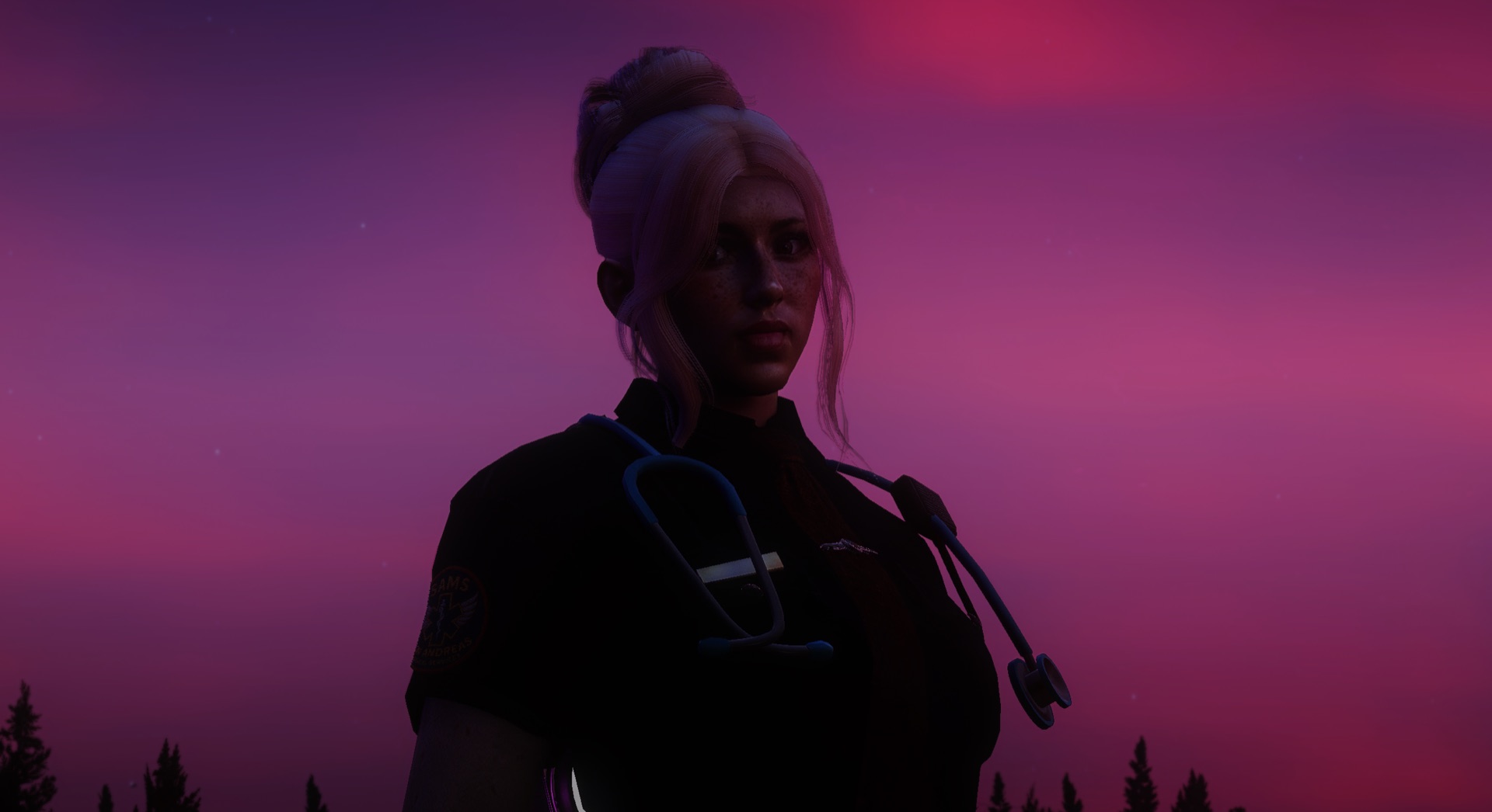 A medic on the grounds at dusk