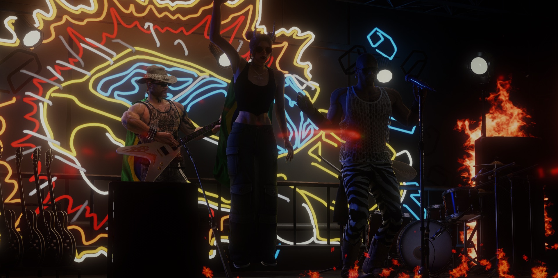 A band performing with fire on the main stage