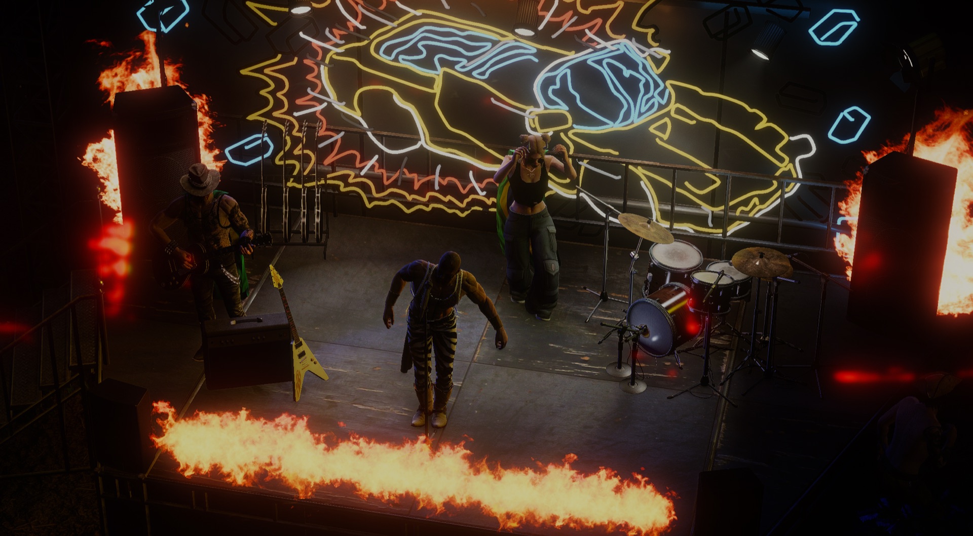 Wide shot of the band and fire on the main stage
