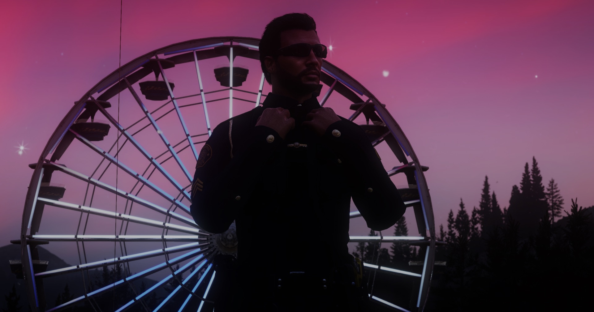 Security on the grounds with the Ferris wheel behind
