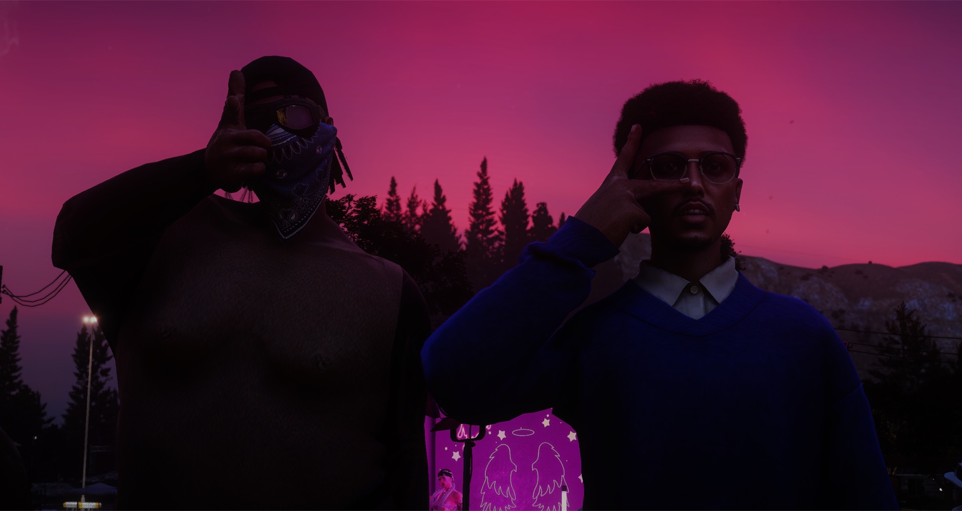 Two friends posing against the sunset