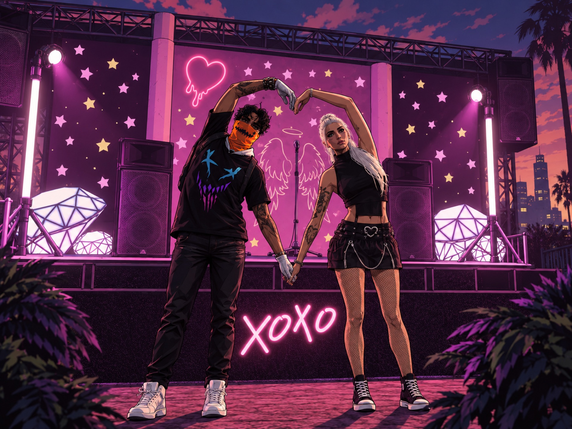 A couple forming a heart on the neon stage