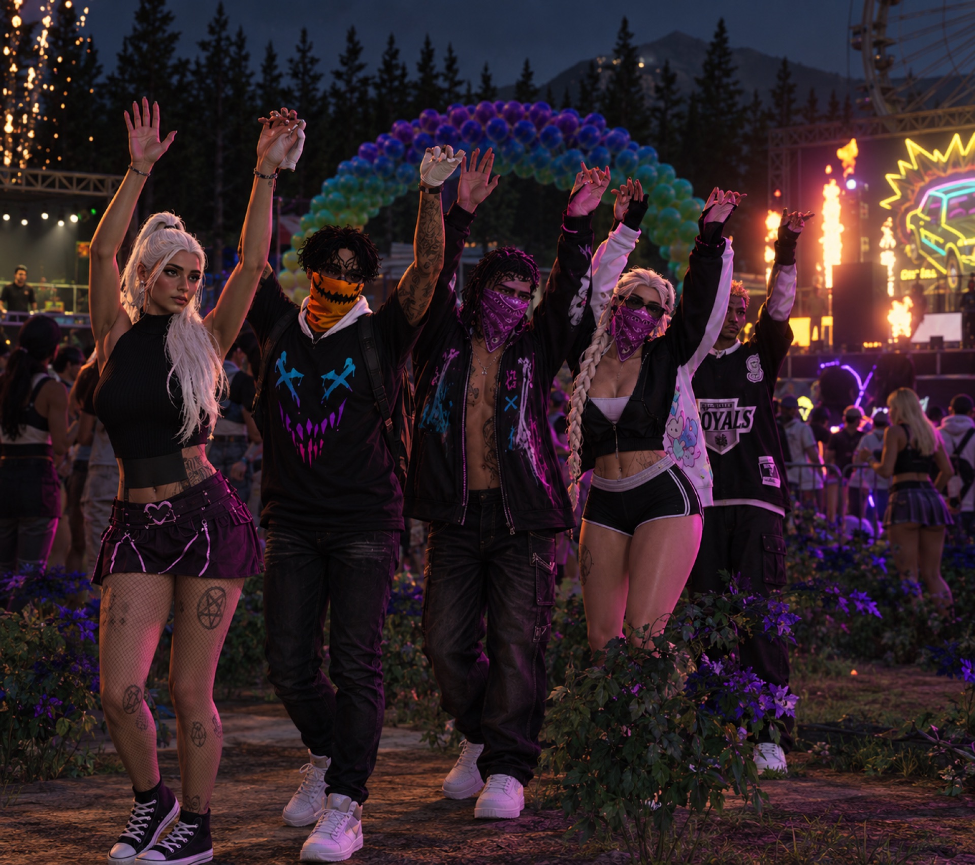 Friends walking the grounds with hands up
