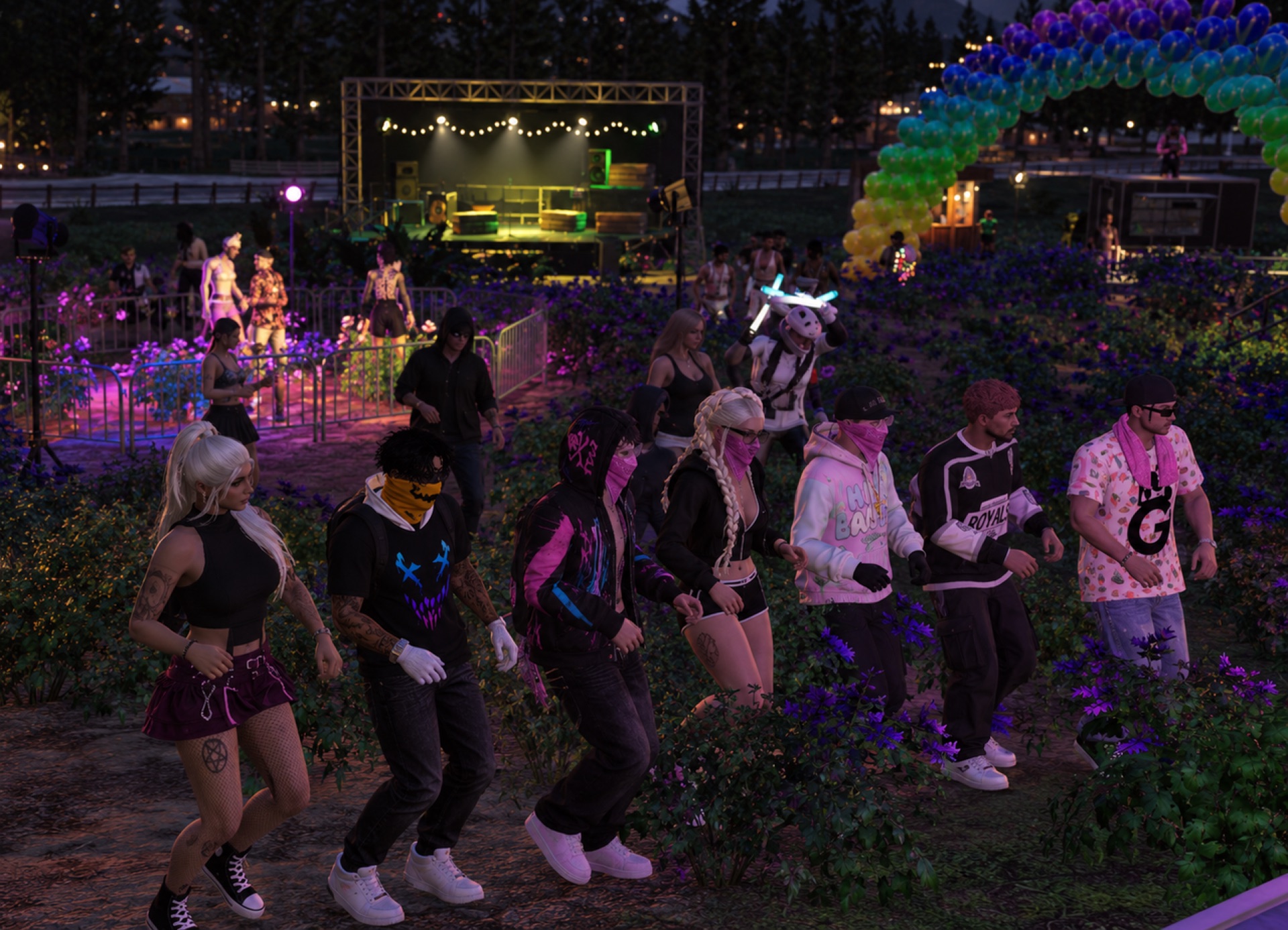 A line of friends moving through the purple flowers